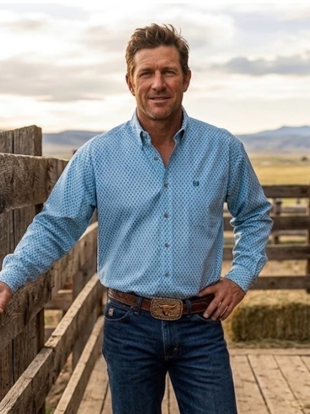 Ariat Light Blue Printed Long-Sleeve Button-Down Shirt